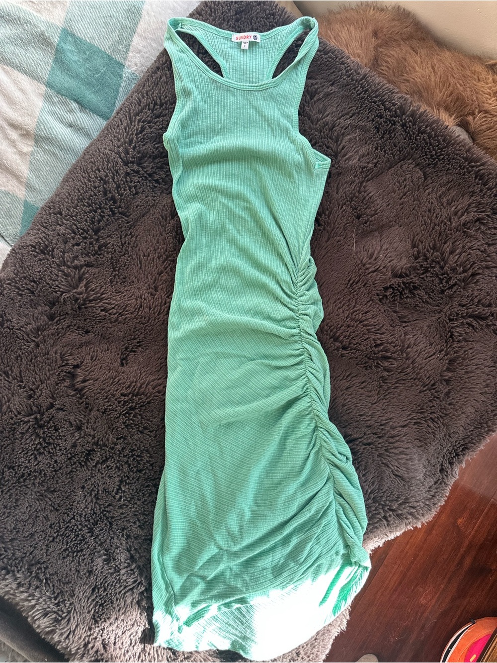Garage Mint Green Ribbed Racerback Midi Dress with Side Ruched Detail
